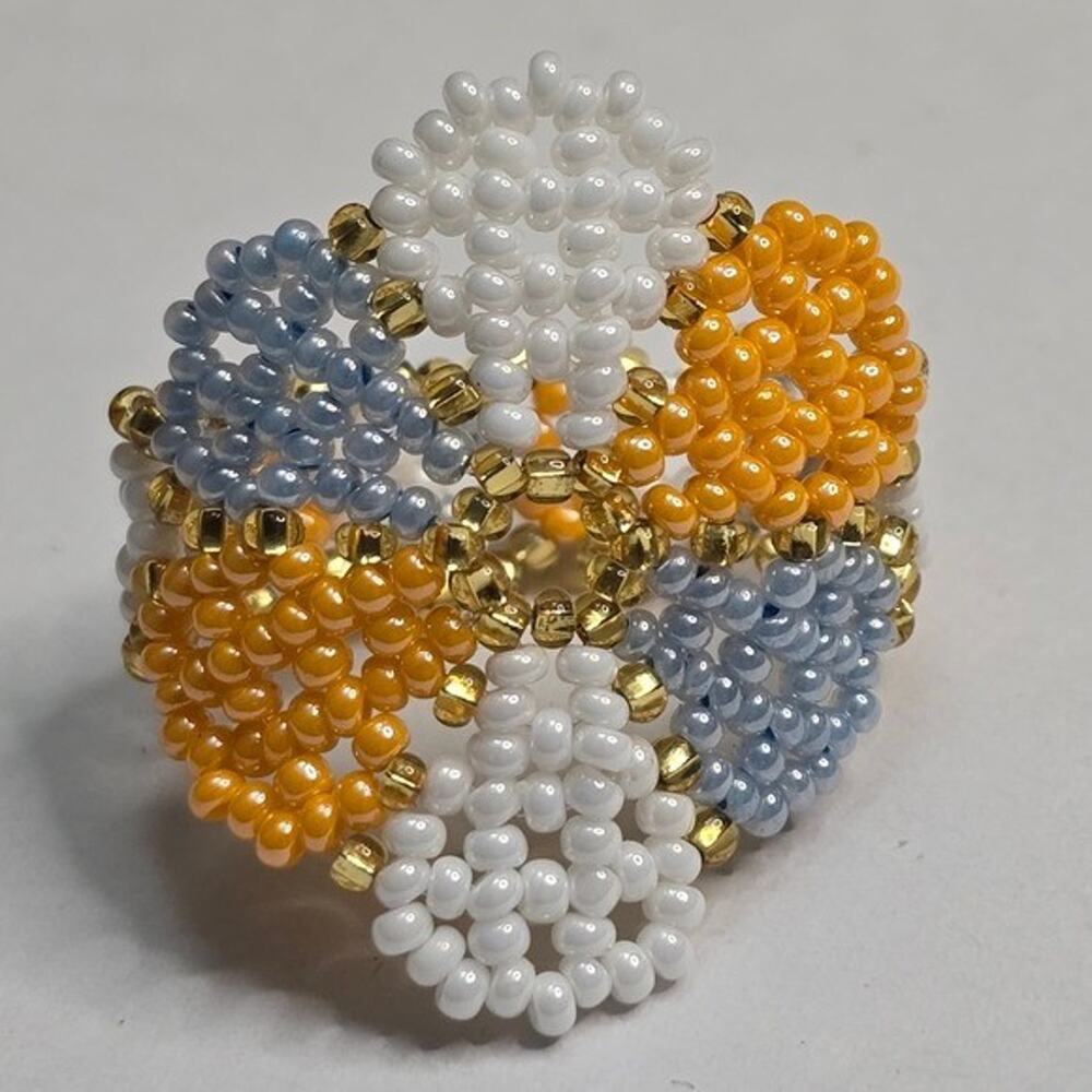 Handmade Floral Seed Bead Statement Ring Orange Blue White Gold Wide Band Sz 11